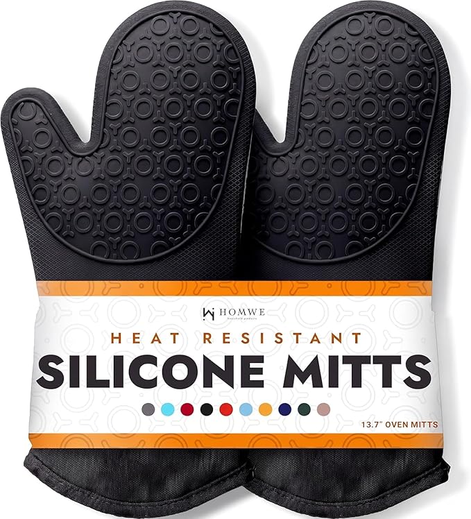 BPA-Free Silicone Oven Mitts Ultra Heat Resistant up to 500°F - Oven Mitts with Thick Cotton Liner - Long Slip Resistant Pot Holders, Flexible Oven Gloves - Black 13.7"