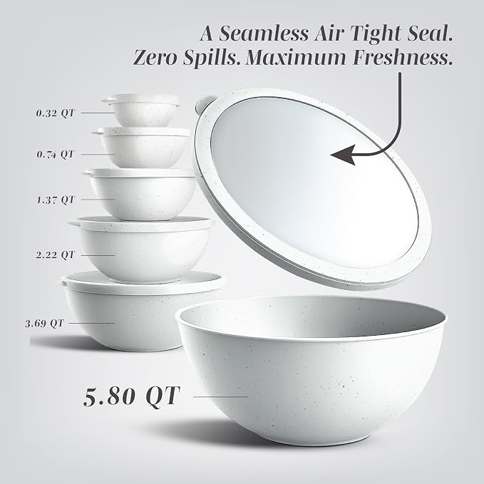COOK WITH COLOR Mixing Bowls with TPR Lids - 12 Piece Plastic Nesting Bowls Set includes 6 Prep Bowls and 6 Lids, Microwave Safe Mixing Bowl Set (Speckled White)