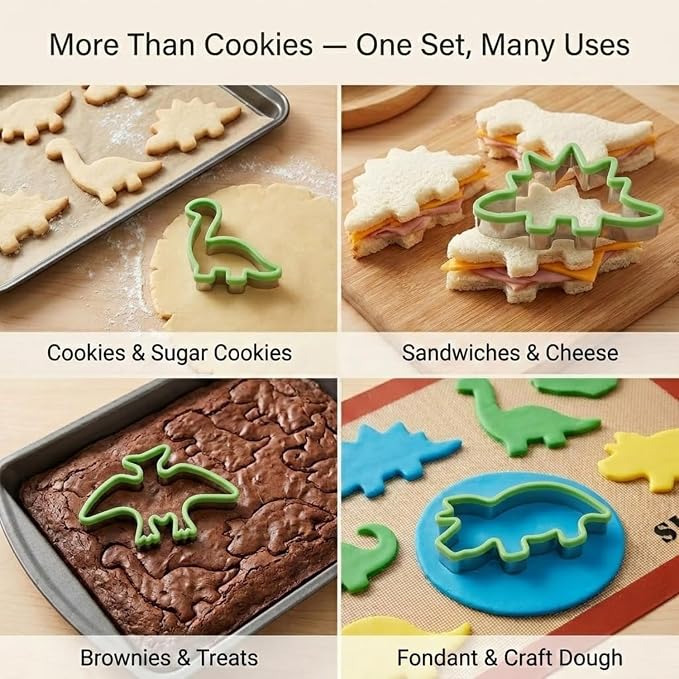LUBTOSMN 7 Piece Dinosaur Cookie Cutters Set, Silicone Rim Baking Set | Dishwasher-safe stainless steel cutters for cookies, fondant, sandwiches, dinosaur parties and home baking treats