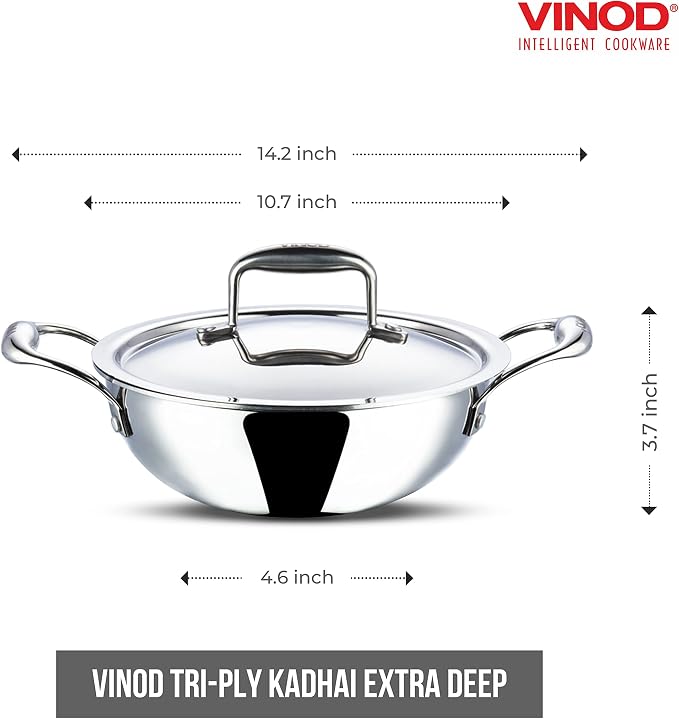 Vinod Platinum Triply Kadai with Lid, Extra Deep, 26cm, for Home Kitchen | Induction And Electric Friendly Stainless Steel Wok; Suited For Indian Sauces, Stews And Soups