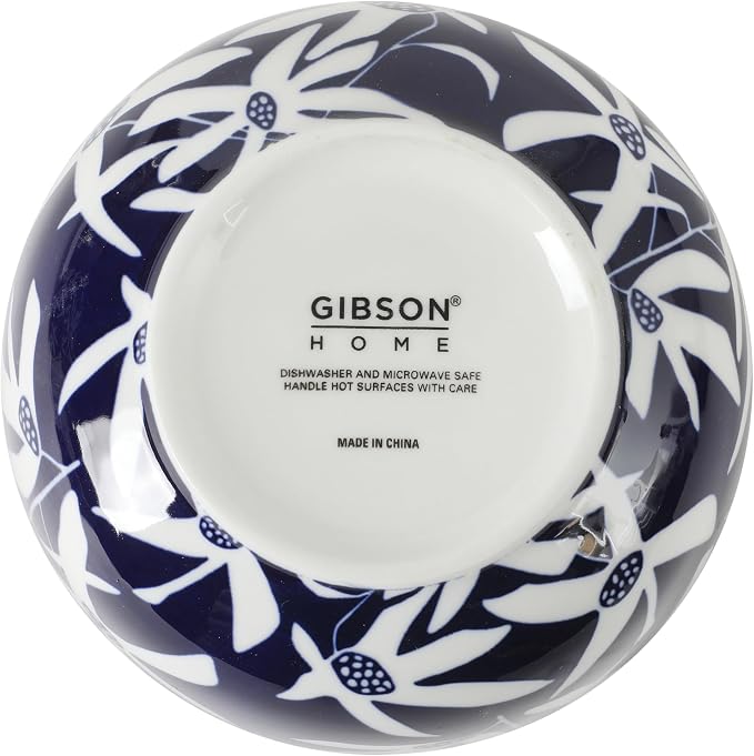 Gibson Home Ivory Estate 4-Piece Cereal Bowl Set, 5.5 Inch Round Stoneware Bowls, Blue & White Floral Pattern, Assorted Decorative Designs