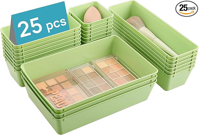 Vtopmart 25 Pack Plastic Drawer Organizers with Non-slip Rubber Pads | 4-Size Versatile Makeup Organizer, Storage Containers Small Bins for Makeup, Jewelries, Bedroom, Kitchen Utensils and Office
