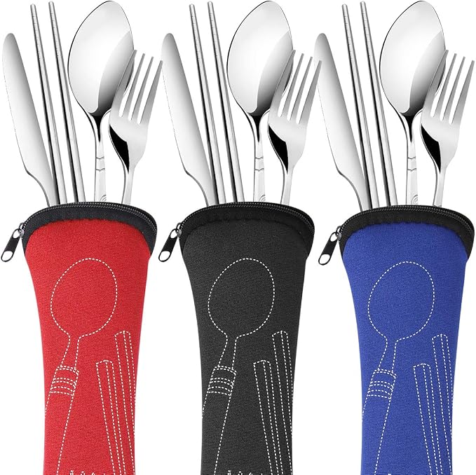 Arroyner 6 Pack Reusable Flatware Sets Knife, Fork, Spoon, Chopsticks, 24Pcs Portable Travel Stainless Steel Tableware Dinnerware with Carrying Case