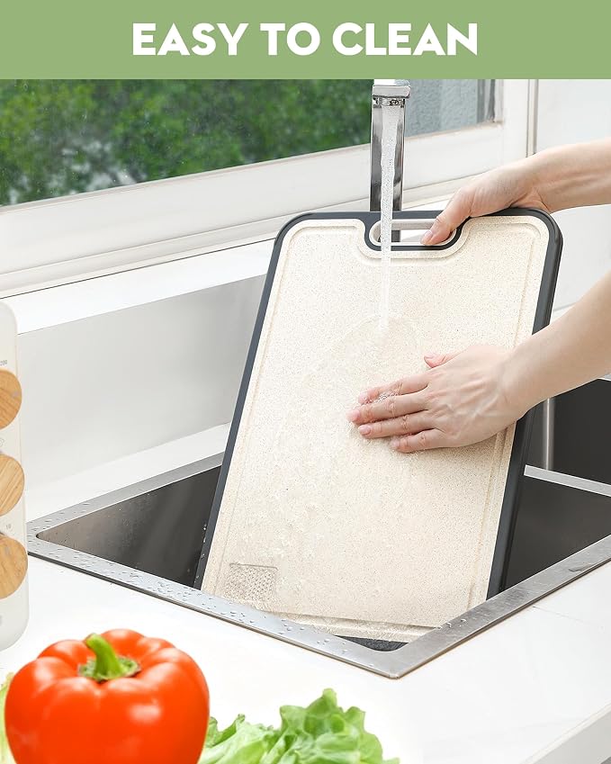 Stainless Steel Cutting Board for Kitchen, Non Toxic Double Sided Cutting Board, Food Grade Pure Stainless Steel & Wheat Straw PP, Meat & Vegetable Chopping Boards, Scratch Resistant, Large 16”×11”