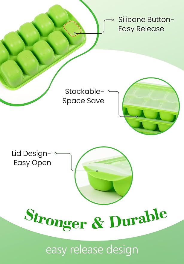 DOQAUS Ice Cube Tray with Lid and Bin, 4 Pack Ice Bucket Kits for RV | Stackable Silicone Ice Trays for Freezer, Easy Pop Out, BPA Free for Cocktail, Coffee, Soup, Food, Kitchen