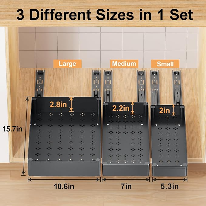 Delamu 3 Pack Pull Out Cabinet Organizer, 15.7" Deep Pull Out Drawers for Cabinets, Slide Out Drawers for Kitchen Cabinets, Bathroom Cabinet Organizer, Pantry (Black)