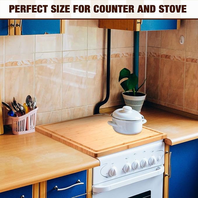 Zubebe Large Stove Cutting Board 20" x 20" Burner Cover Square Rv Chopping Board with Hole Grooved for Oven Apartment Kitchen(Bamboo)