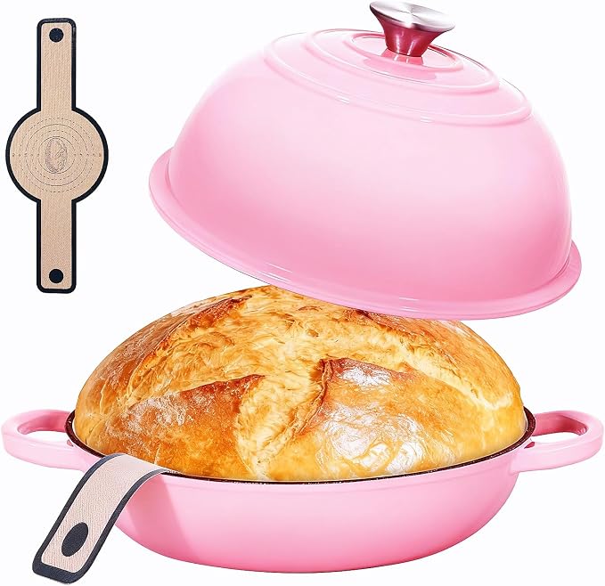 6QT Enameled Cast Iron Pink Dutch Oven For Sourdough Bread Baking | Dutch Oven Pot With Lid,Non-stick Sourdough Baking Pan with Bread Dome,Round Ceramic Dutch Oven Pot for Homemade