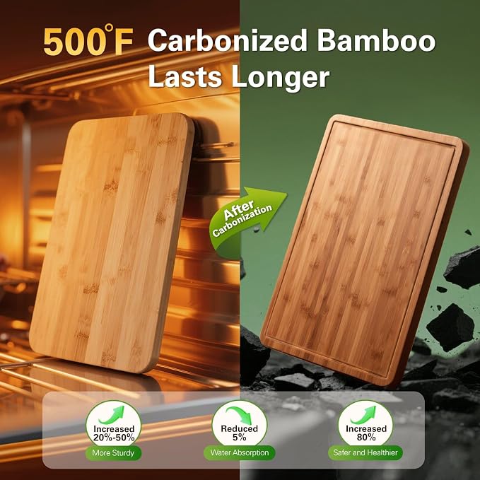 Zarler Bamboo Cutting Boards for Kitchen, 4 Piece Durable Wood Cutting Board with Juice Grooves and Handles, Wooden Chopping Board Set for Meal Prep, 500℉ Carbonized Bamboo, Ideal Kitchen Gift