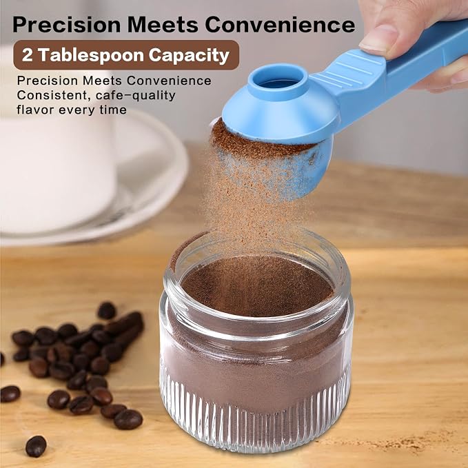 2-in-1 Coffee Scoop with Funnel, 2 Tbsp Measuring Spoon for Reusable K Cups, Ground Coffee, Protein Powder & Tea, Mess-Free Plastic Design（Light Biue-2pack）