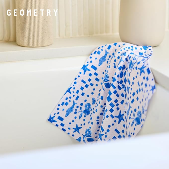 GEOMETRY Dishcloth – Spring & Summer Collection – Quick-Dry, Ultra-Absorbent, Reusable Microfiber Kitchen Towels for Drying & Cleaning - Santorini Tile - 3-Pieces
