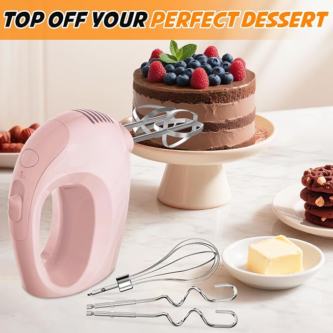 Showvigor Electric Hand Mixer with 5 Stainless Steel Whisks,5 Speed,Pink | Portable Kitchen Mixer Electric Whisk, Food Beater for Whipping Mixing Cookies