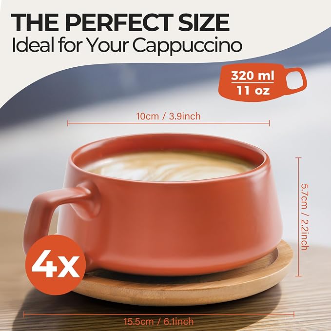 MIAMIO - Cappuccino Cup Set of 4, Ceramic (9.5oz) - Luxe (Beige Pastel) | Ceramic cappuccino cups and saucers, wide latte cups and mugs for Americano, 4-piece set of ceramic cups - dishwasher safe