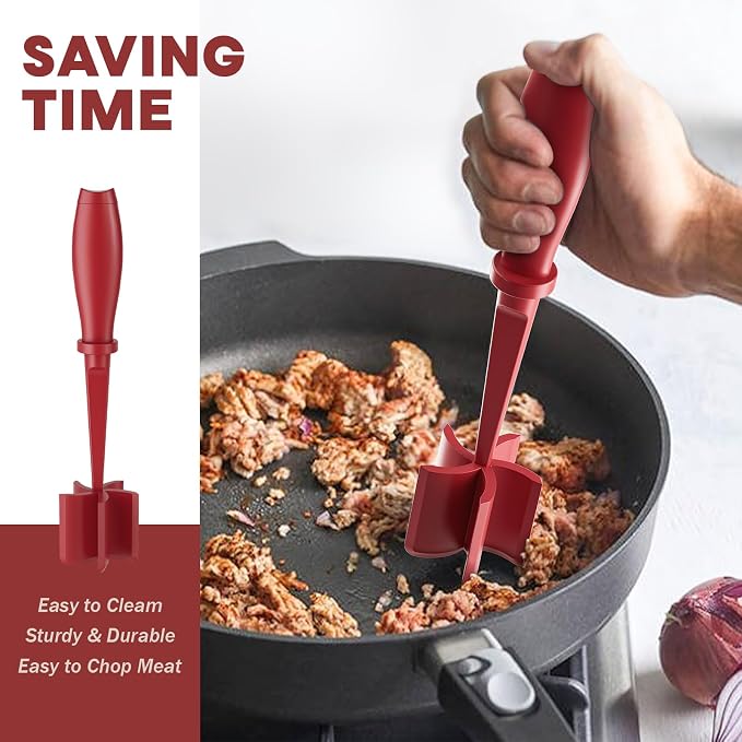 Meat Chopper, Upgrade Hamburger Smasher, Premium Heat Resistant Meat Masher for Ground Beef, Ground Turkey and More, Non Stick Mix Grinder-Red | Heat Resistant, 5 Nylon Blade, Burger Grinder Potato Mix Tool, Meat & Poultry Tenderizers, Dishwasher Safe,...