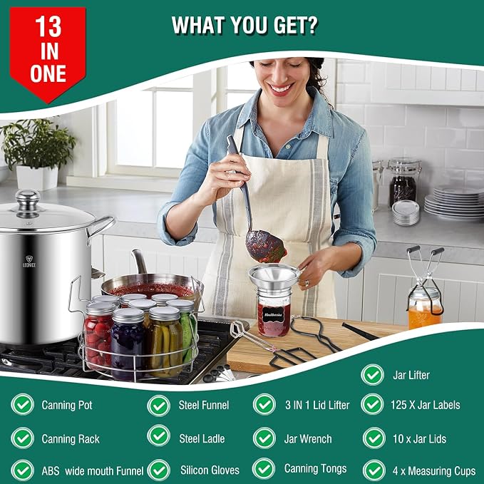 LEONICE Canning Supplies Starter Kit,Water Bath Canning Pot with Rack & Lid | Food-Grade Stainless Steel Canner Kit,3-PLY Bottom 20.5Qt Canner Compatible with All Stovetops,Canning Starter Kit Full Set