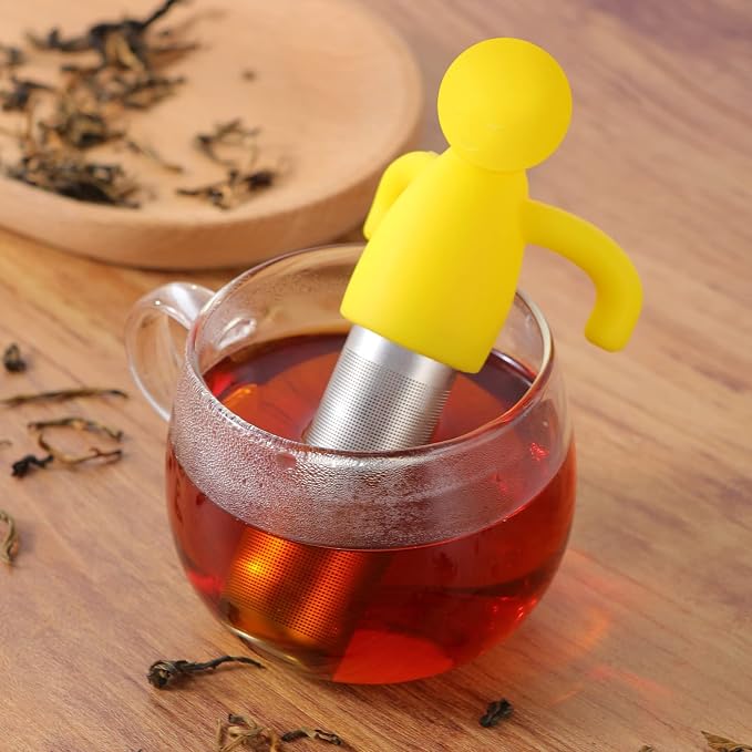 Leden Tea Infuser for Loose Leaf Tea Extra Fine Mesh Tea Steeper, Yellow | Stainless Steel Fun Person-shaped Design Tea Strainer Filter with Silicone Handle for Loose Tea Ball for Cup Mug