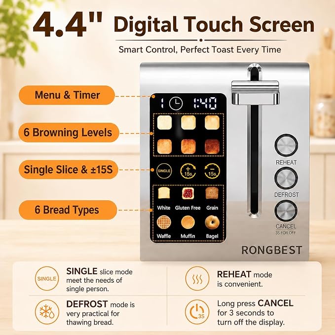 2 Slice Touch Screen Toaster Stainless Steel with Wide Slots for Family Breakfast, Even Toasting for Bagels & Bread, Defrost & Reheat, Easy Removable Crumb Tray, Matt Black
