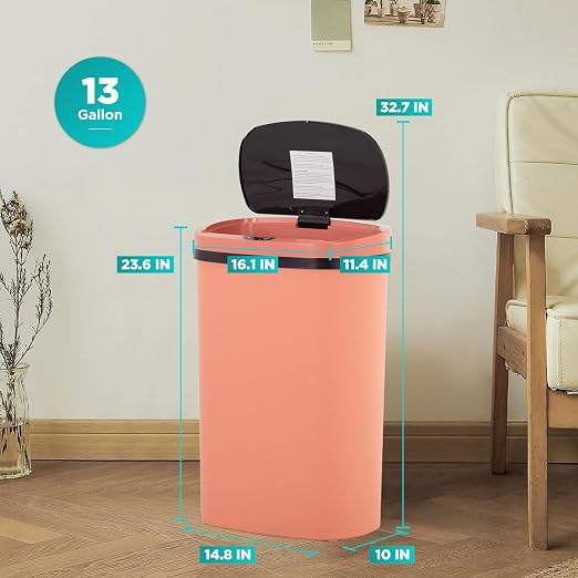 BestOffice | 13 Gallon Plastic Trash Can with Lid | Pink | Automatic Touchless Garbage Can | Odor Control | Modern Oval Design | Easy to Clean | For Kitchen, Bathroom, Office or Home