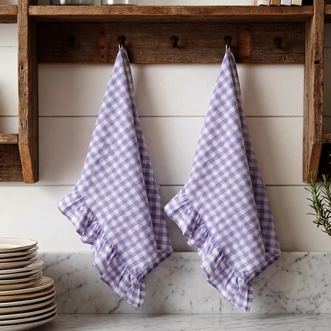 HunnmingRe 2 Pcs Purple Gingham Kitchen Towels Cotton Ruffled | Checked Dish Towels 18"x28" Tea Cloths Plaid Cottage Core Kitchen Decor for Farmhouse Charm Drying Dishes Entertaining Guests