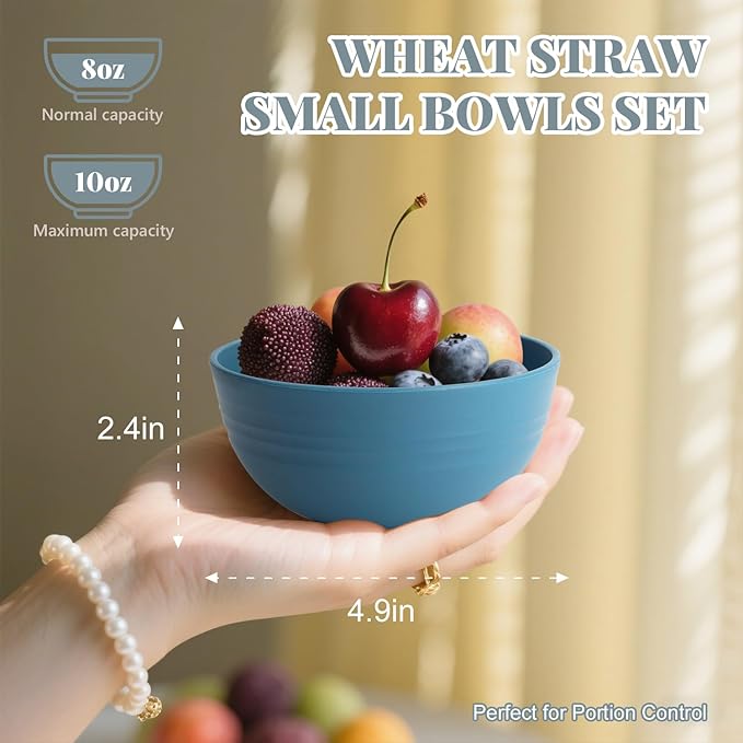 Wheat Straw Small Bowls, Unbreakable Dessert Bowls 8 PCS, 10 OZ Small Plastic Bowl for Kitchen, Microwave & Dishwasher Safe Mini Bowl for Snack, Ice Cream, Yogurt,Portion Control(Multi)