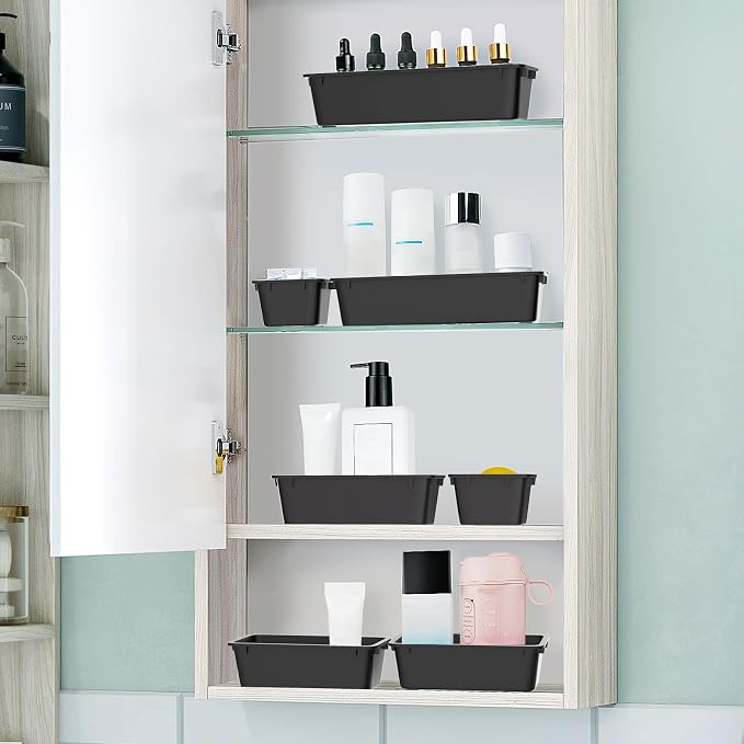 25 PCS Plastic Drawer Organizer Set, Makeup Organizers and Storage Bins | 4 Sizes Desk Drawer Divider Organizers and Storage Bins for Jewelry, Gadgets for Kitchen, Bedroom, Bathroom, Deep Black