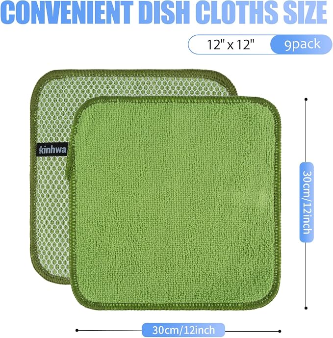 Dish Cloths for Washing Dishes with Scrub Side, Microfiber Dish Rags | Dual-sided microfiber dish cloths with scrubber for stuck-on food, quick dry kitchen washcloths 9 Pack, 12 Inch Mixed Colors