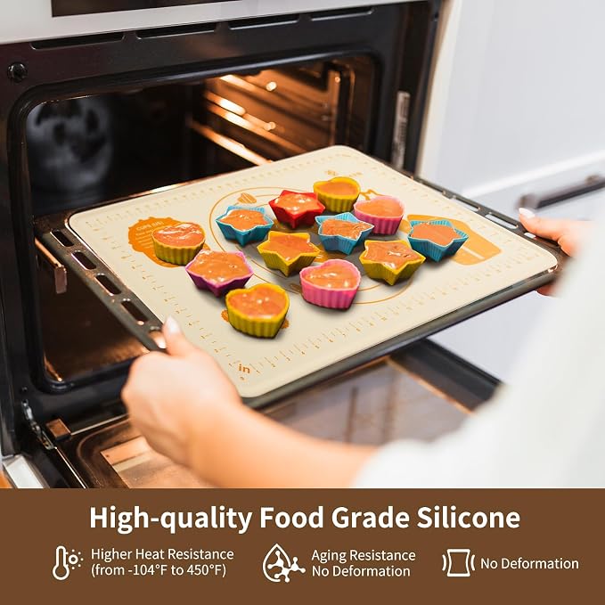 DANIA & DEAN 26"x16" 1.1mm Ultra-Thick Baking-Themed Silicone Pastry Mat | Non-Slip & Non-Stick Mat with 4.5mm Raised Edges & Measurements, Anti-Spill for Dough, Bread, Cookies & Pizza Counter Sheet