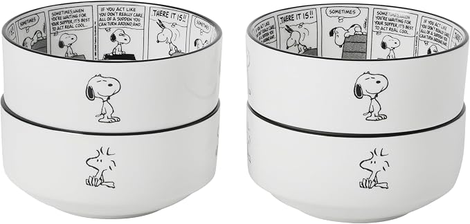 Peanuts Snoopy Cereal Bowls, Set of 4, 4.5-Inch Porcelain Snack Bowls for Ice Cream and Dessert, Sunday Comic Strip Design with Snoopy and Woodstock, Black and White
