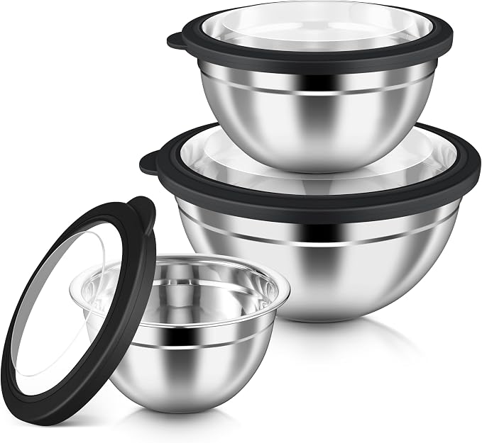 HaWare Mixing Bowls with Airtight Clear Lids, 6-Piece Nesting Bowls Set | Stainless Steel Salad Bowl for Cooking, Prepping, Baking, Serving & Food Storage, Size 4.6, 3, 1.5QT, Black