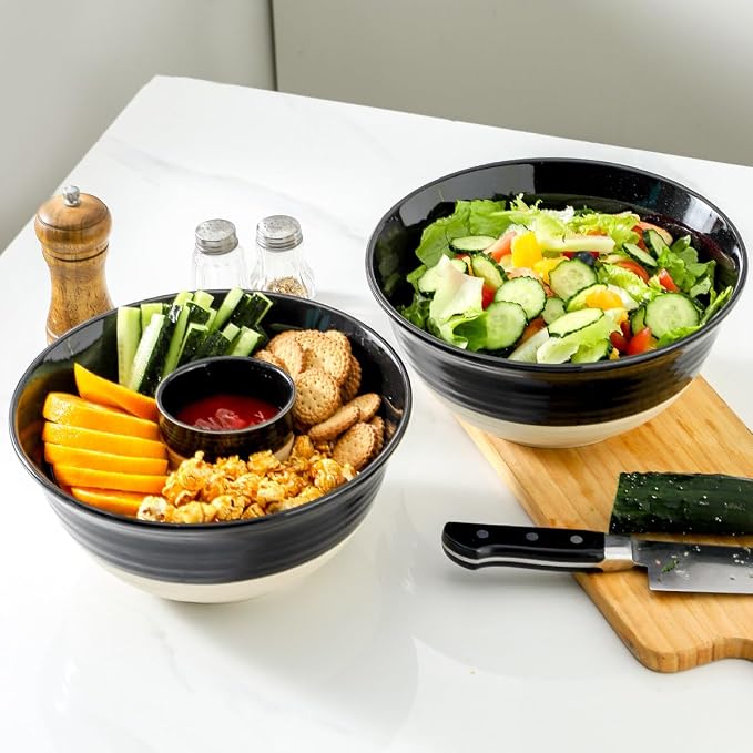 HASENSE Large Ceramic Serving Bowls Set of 2, 84 Oz 9 Inch Black & Beige Stoneware Mixing Bowls, Farmhouse Bowls for Salad, Soup, Popcorn & Baking, Dishwasher & Microwave Safe