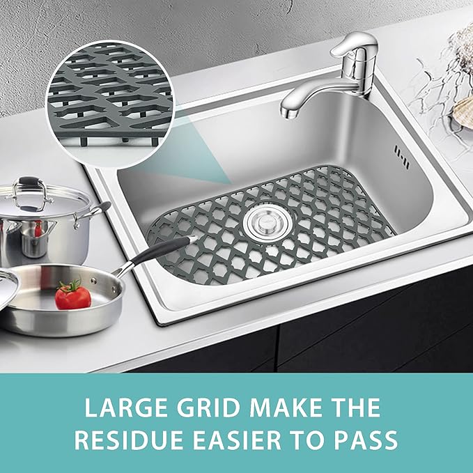Silicone Kitchen Sink Protectors Mats - 12" 13" 14" 16" 18" 19" 21" 22" 24" 25" 26" 28" 30", Heat Resistant, Machine-wash (19”x14”, Rear Drain)