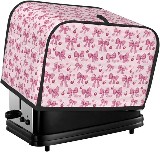 2 Slice Toaster Cover Pink Bow Pattern Cherry Dust Proof Washable Kitchen Appliance Cover with Pocket, Oxford Fabric Countertop Toaster Protector for Standard Toasters Small Appliances