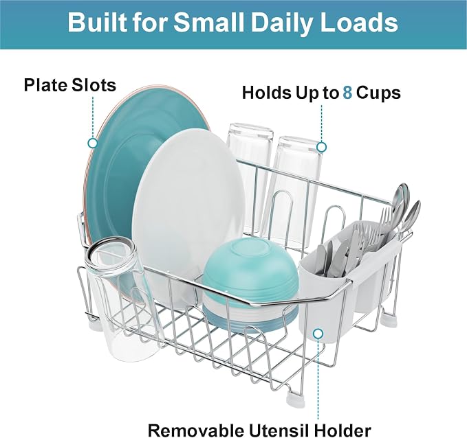 Small in Sink Dish Drying Rack - Stainless Steel for RV Kitchen | Compact Design for Apartments, Angled Corners Fit Square & Round Sinks, Utensil Holder, Cup Hooks, 1-2 Person, 11.6" x 13.4"