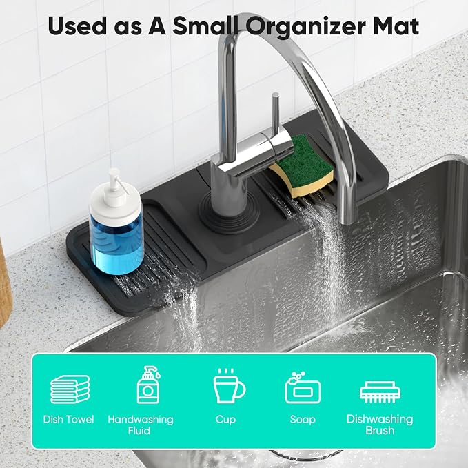 14.6'' Faucet Mat for Kitchen Sink [5°Slope Fast Self-draining] Kitchen Sink Splash Guard Silicone Kitchen Sink Faucet Mat Splash Guard for Kitchen Sink Area Tidy Splash Faucet Guard Draining Mat