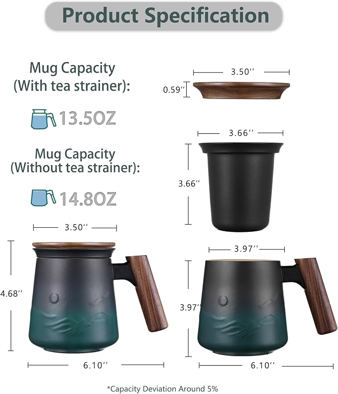 ZENS Tea Infuser Mug with Lid for Loose Tea Steeper, 14.5oz Wooden Handle | Embossed Ceramic Teacup with Strainer for Tea Lovers Gifts, Herbal Tea Diffusers, Effortless Brewing