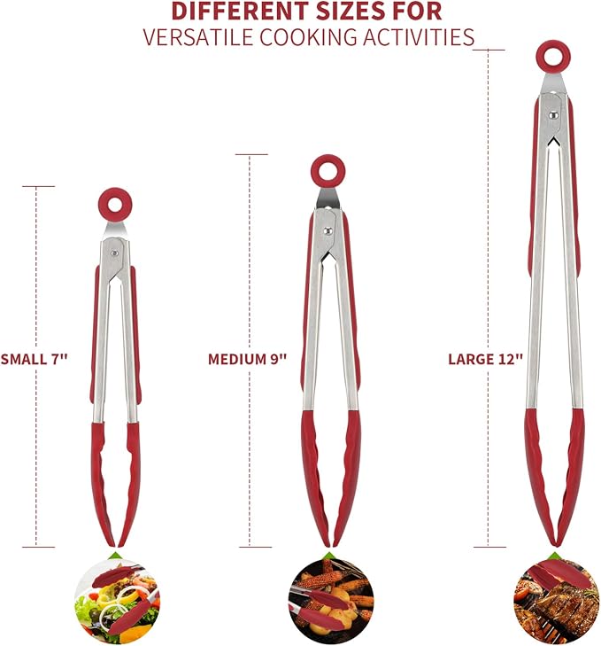 U-Taste Kitchen Tongs for Cooking, 600ºF Heat-Resistant Silicone, 3Pcs/Red | Tong Utensils Set 7/9/12in, Salad/Grill/BBQ Plastic Tongs for Food Serving, Rubber Thong with 18/8 Stainless Steel Handle