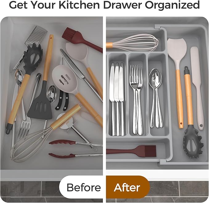 ukeetap Extra Large Expandable Silverware Organizer, Flatware Tray,Gray | BPA-Free Food-Safe Kitchen Utensil Cutlery Drawer Organizer, Adjustable Silverware Holder for Spoons Forks Knives