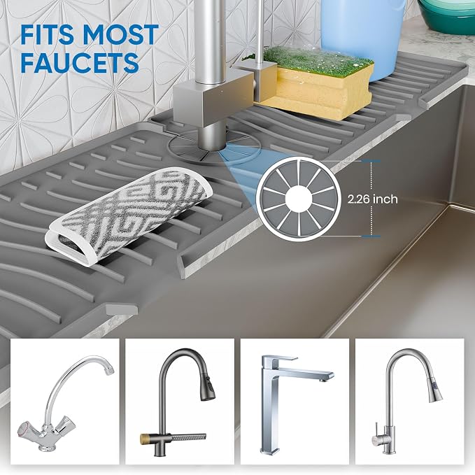 24 Inch Longer Faucet Mat for Kitchen Sink, Silicone Sink Faucet Mat Splash Guard 5° Slope Premium Kitchen Sink Splash Faucet Guard, Fast Self-Draining Mat (gray)