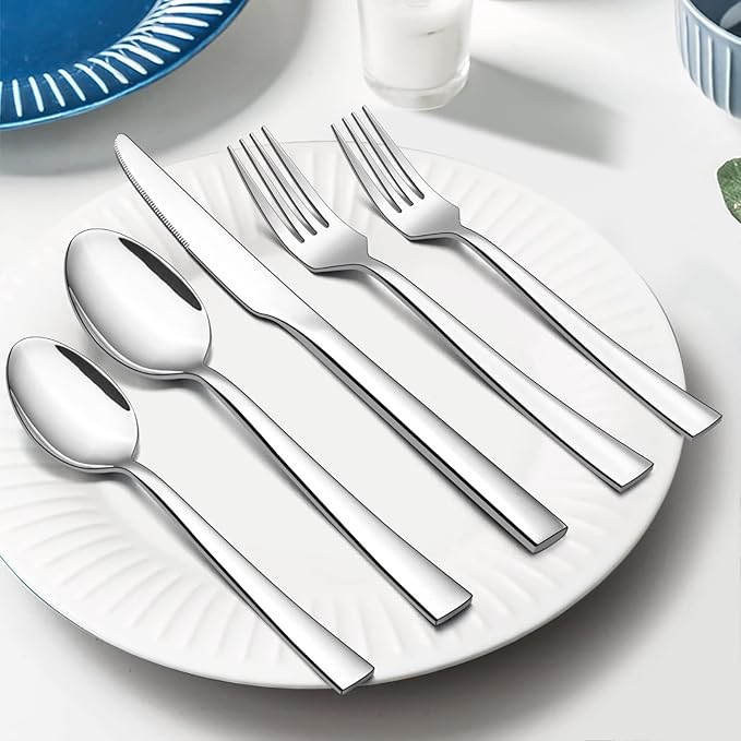 10-Piece Silverware Set, E-far Stainless Steel Flatware Set Service for 2, Modern Tableware Cutlery Set for Home and Restaurant, Square Edge & Mirror Finish, Dishwasher Safe