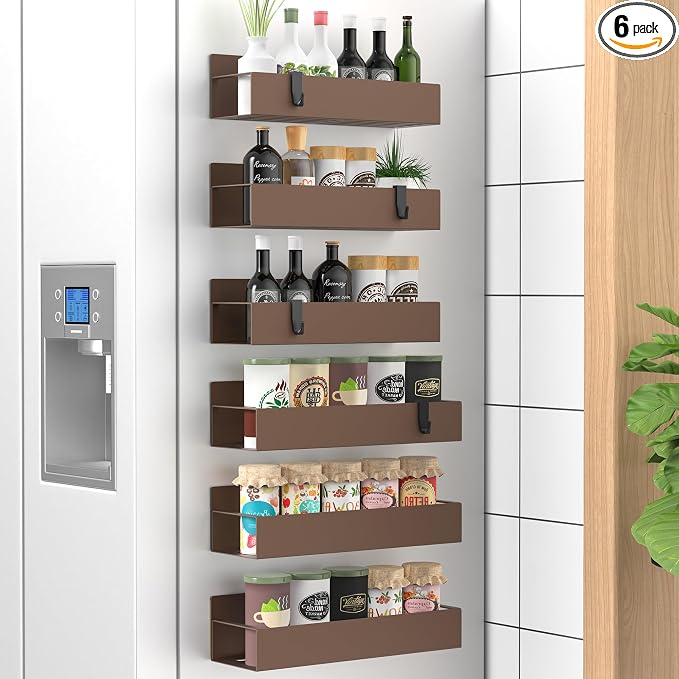 Metal Magnetic Spice Rack for Refrigerator Bronze, 6 Pack | Magnetic Shelves Heavy Duty for Fridge in Kitchen, Seasoning Storage Organizer, For Oven Washer and Dryer, For Heavier Items