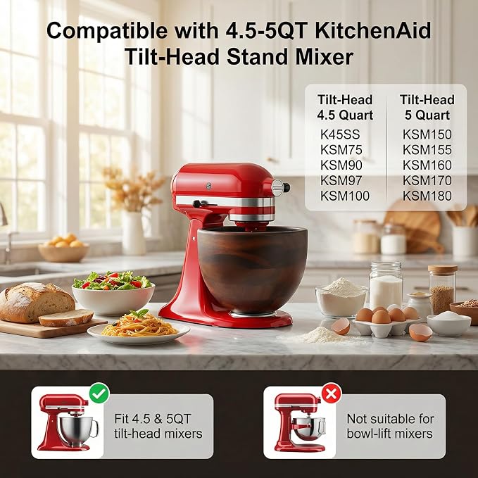 GVODE Wooden Bowl for KitchenAid 4.5-5 QT Tilt-Head Stand Mixer,Mixing Bowl | Solid Acacia, Fits Mixer Models (K45SS KSM150PS KSM175), Natural Handcrafted Wooden Bowl with Stainless Steel Locking