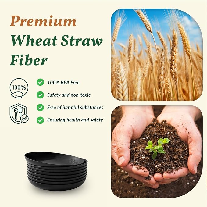 Wheat Straw Plates Unbreakable Deep Dessert Plates Set of 8 Plastic Plates Reusable Microwave Safe Plate for Kitchen Camping Party Dishwasher Safe Stackable Appetizer Plates (8in, Black)