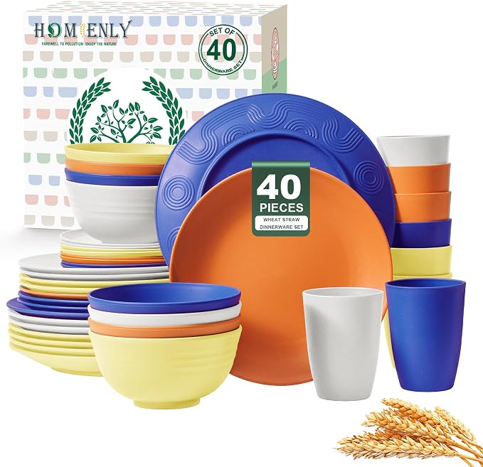 40-Piece Wheat Straw Dinnerware Sets, Unbreakable Reusable Dinnerware Set, Service for 8, Kitchen Cups Plates and Bowls Set, Dishwasher Microwave Safe Dishes Set for Camping, Party - Mondrian