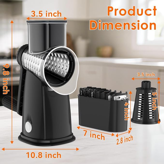 MealHelper 5 Blade Rotary Cheese Grater and Vegetable Chopper with Storage Box and Hand Crank, Compact Shredder for Cheeses, Veggies, Nuts - Easy to Use, Non-slip Suction Base,Black