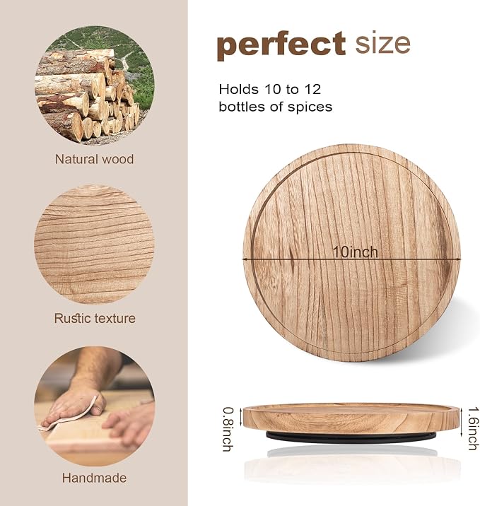Wood Lazy Susan Turntable Kitchen Decor Round Table Tray, 10" Brown | Waterpoof, Easy clean, Non-slip, Rotating Wooden Decorative Pantry Table Tray for Seasoning, spice, snack