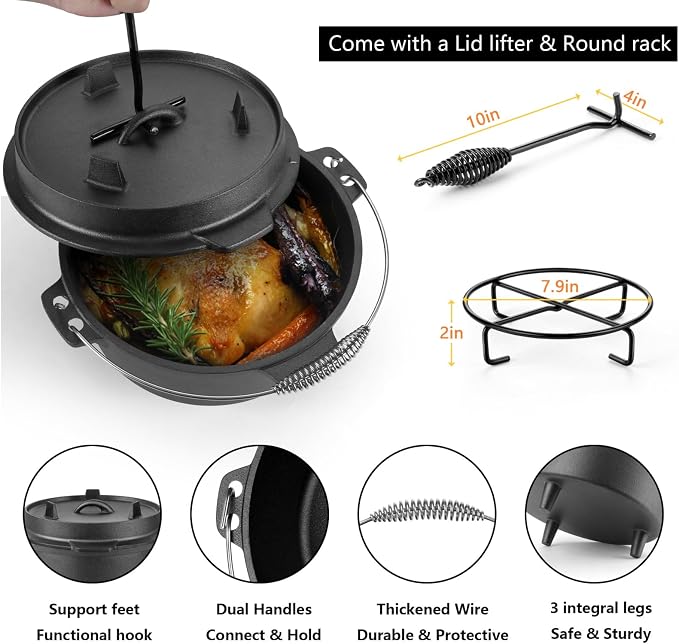 HaSteeL 7 QT Cast Iron Dutch Oven, Large 2 in 1 Camp Pre-Seasoned Deep Pot & Lid Skillet Pan, Heavy Thick 7 Quart Multiple Cookware with Feet for Outdoor Camping Baking, Bracket and Lid Lifter