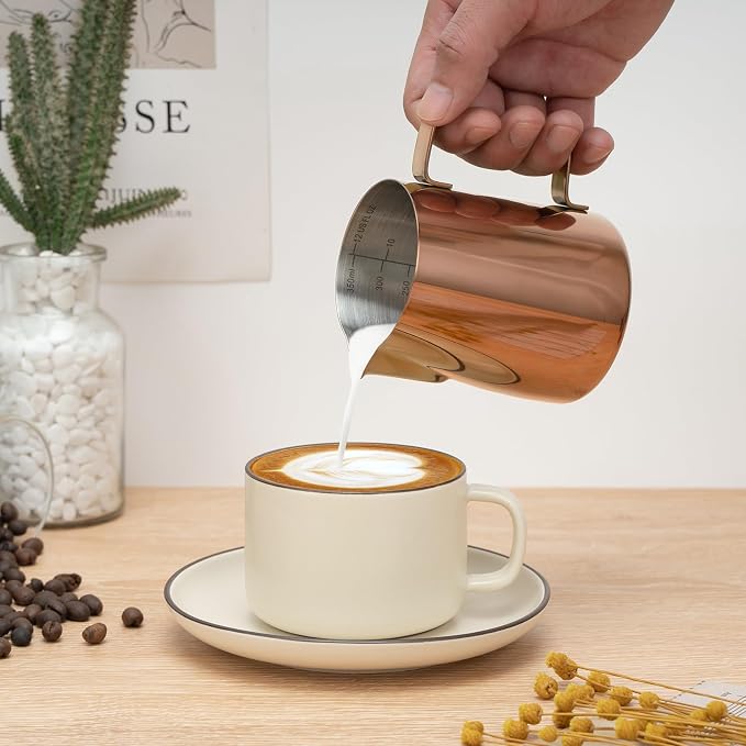 Amrules Milk Frothing Pitcher 12oz Frother Cup Barista Tools, Rose Gold | 18/8 Stainless Steel, 12oz Capacity with Clear Scale, with Decorating Pen, Ergonomic Handle, for Cappuccino, Latte & Espresso