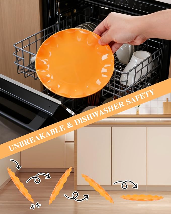 LIYH 24Pcs Orange Plastic Plates Reusable, Dinner And Salad Set For Parties | Heavy Duty Scalloped Unbreakable Tableware, Reusable Or Disposable Style For Fall Picnics, Thanksgiving, Holiday Banquets