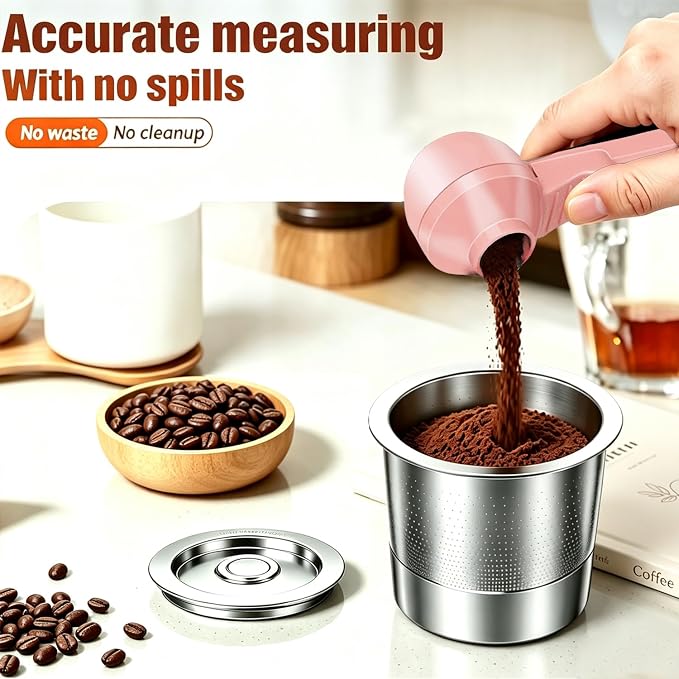 2-in-1 Coffee Scoop with Funnel, 2 Tbsp Measuring Spoon for Reusable K Cups, Ground Coffee, Protein Powder & Tea, Mess-Free Plastic Design（Pink-2pack）