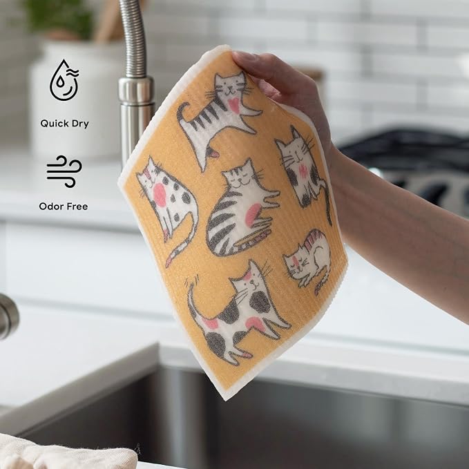RECYCO Swedish Dishcloths for Kitchen | 6 Pack Cuddly Cats Washable Dish Rags | Cellulose Reusable Cleaning Paper Towels | Absorbent Counter Dish Cloth Sponge Kitchen Wipes, 8" L x 7" W